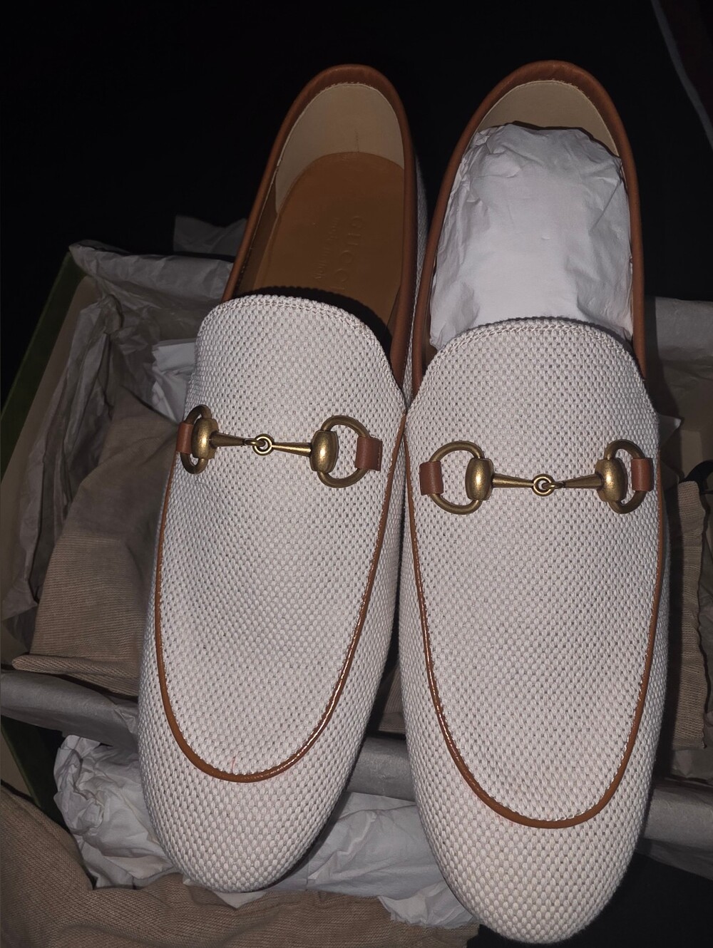Authentic Gucci Men’s White Canvas Horsebit Loafers with Brown Trim